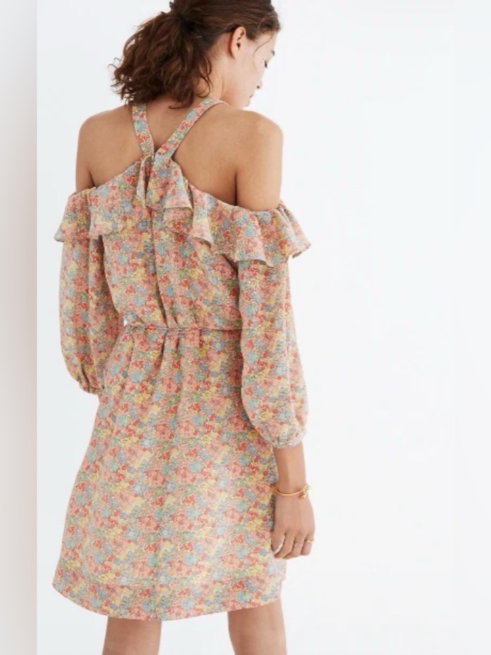 Madewell Forsythia Cold Shoulder Silk Dress Womens 14 Ruffle Floral Prairie NWT